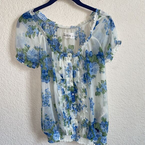 Abercrombie & Fitch Sheer Fairy Blue Flower Floral Ruffles whimsical S 90s top - Picture 1 of 8